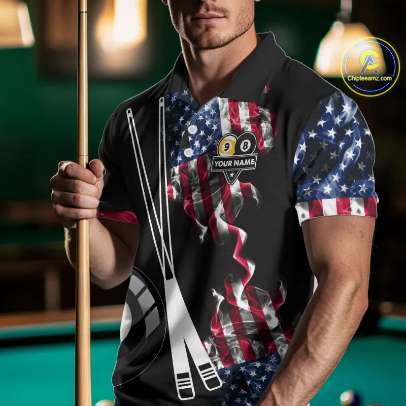 American Flag Smoke 8 Ball & 9 Ball Pool Billiard Shirt For Men Custom Patriotic Billiard Jersey TDM5517
