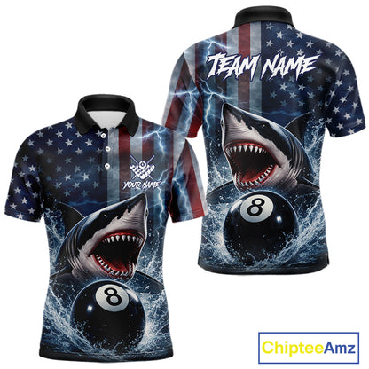 American Flag Shark 8 Ball Billiard Shirt For Men Custom Lightning Patriotic Pool Team Jersey TDM5769