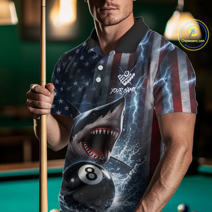American Flag Shark 8 Ball Billiard Shirt For Men Custom Lightning Patriotic Pool Team Jersey TDM5769