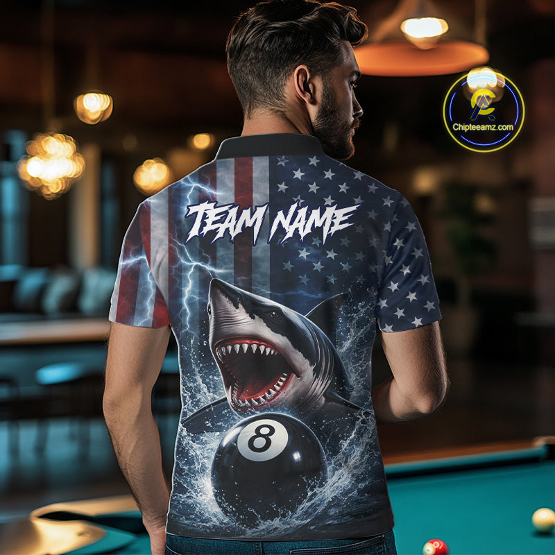American Flag Shark 8 Ball Billiard Shirt For Men Custom Lightning Patriotic Pool Team Jersey TDM5769