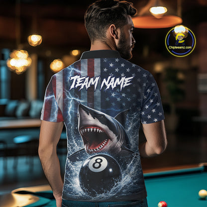 American Flag Shark 8 Ball Billiard Shirt For Men Custom Lightning Patriotic Pool Team Jersey TDM5769