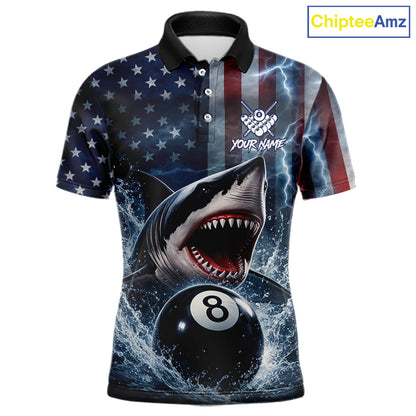 American Flag Shark 8 Ball Billiard Shirt For Men Custom Lightning Patriotic Pool Team Jersey TDM5769