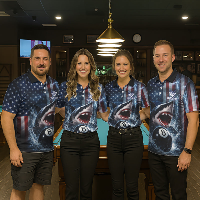 American Flag Shark 8 Ball Billiard Shirt For Women Custom Lightning Patriotic Pool Team Jersey TDM5769