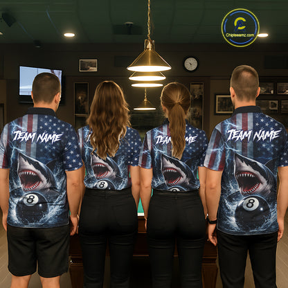 American Flag Shark 8 Ball Billiard Shirt For Women Custom Lightning Patriotic Pool Team Jersey TDM5769