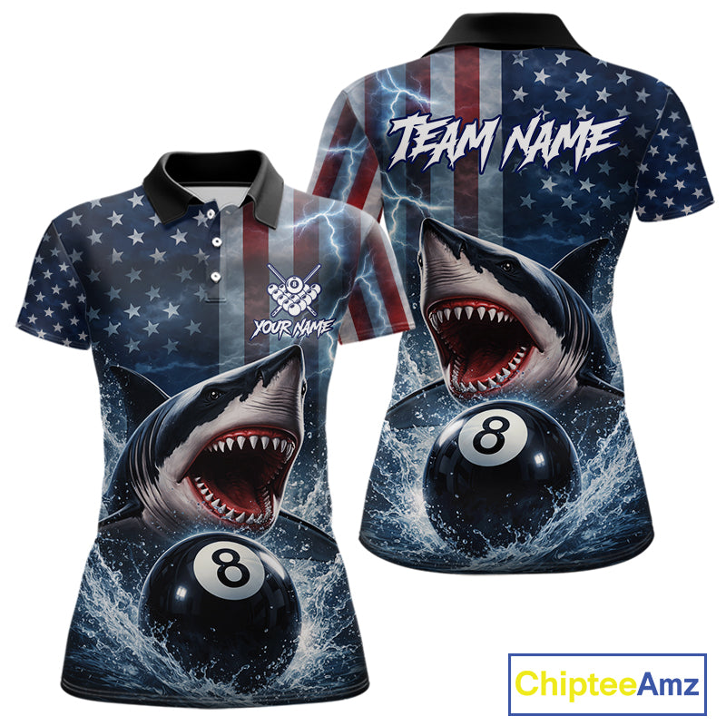 American Flag Shark 8 Ball Billiard Shirt For Women Custom Lightning Patriotic Pool Team Jersey TDM5769