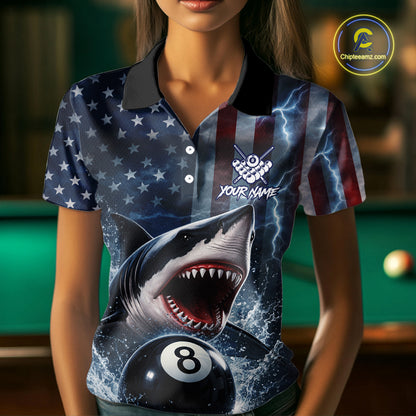 American Flag Shark 8 Ball Billiard Shirt For Women Custom Lightning Patriotic Pool Team Jersey TDM5769