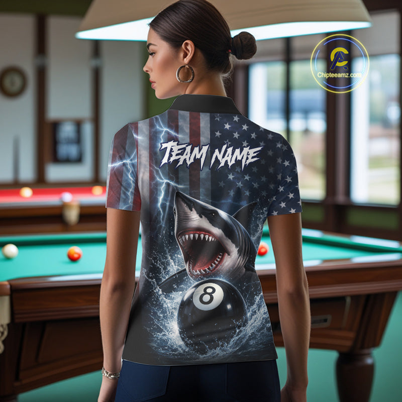 American Flag Shark 8 Ball Billiard Shirt For Women Custom Lightning Patriotic Pool Team Jersey TDM5769