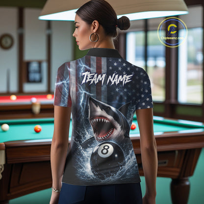 American Flag Shark 8 Ball Billiard Shirt For Women Custom Lightning Patriotic Pool Team Jersey TDM5769