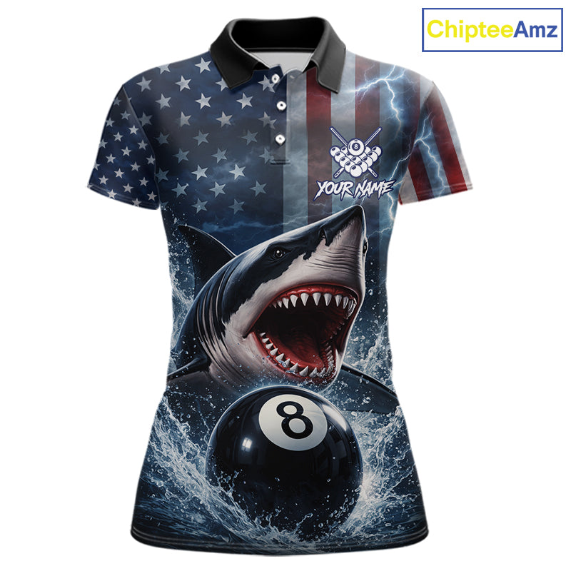 American Flag Shark 8 Ball Billiard Shirt For Women Custom Lightning Patriotic Pool Team Jersey TDM5769
