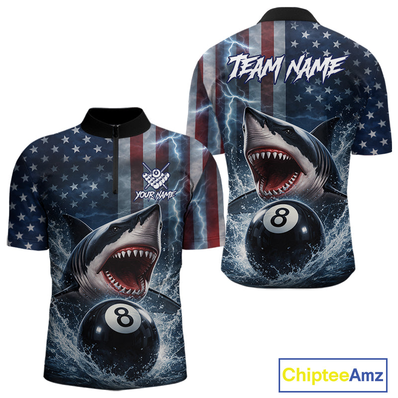 American Flag Shark 8 Ball Billiard Shirt For Men Custom Lightning Patriotic Pool Team Jersey TDM5769