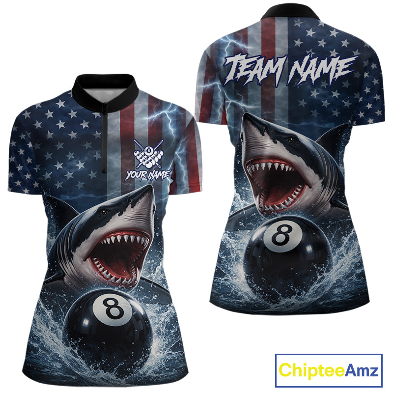 American Flag Shark 8 Ball Billiard Shirt For Women Custom Lightning Patriotic Pool Team Jersey TDM5769