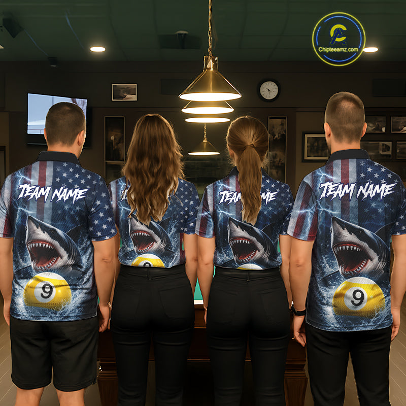 American Flag Shark 8 Ball & 9 Ball Billiard Shirt For Men Custom Lightning Patriotic Pool Jersey TDM5770