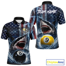 Load image into Gallery viewer, American Flag Shark 8 Ball &amp; 9 Ball Billiard Shirt For Men Custom Lightning Patriotic Pool Jersey TDM5770
