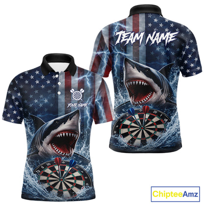 American Flag Shark Darts Shirt For Men Custom Lightning Patriotic Dart Jersey Team Polo & 1/4 Zip TDM5771