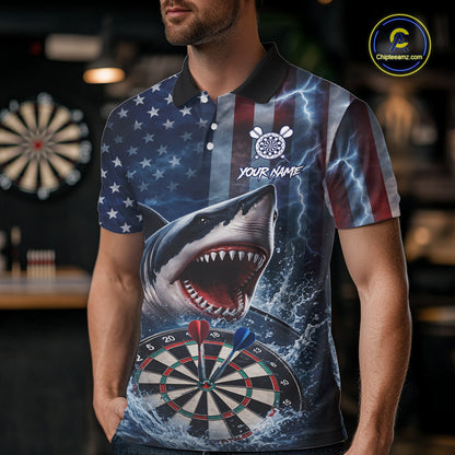American Flag Shark Darts Shirt For Men Custom Lightning Patriotic Dart Jersey Team Polo & 1/4 Zip TDM5771