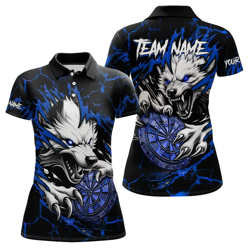 Personalized Wolf Lightning Darts Polo & Quarter Zip Custom Dart Shirts For Women Darts Jerseys |Blue TDM3610