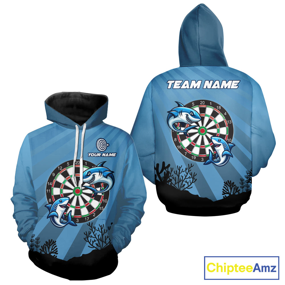 Blue Funny Shark Darts Hoodie Shirt For Men And Women Custom Darts League Hoodie Jersey TDM1284