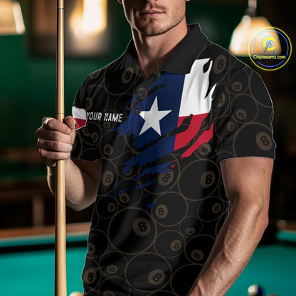 Personalized Texas Flag 8 Ball Pool Shirt For Men Custom US Flag Billiard Jersey Polo & 1/4 Zip TDM6137