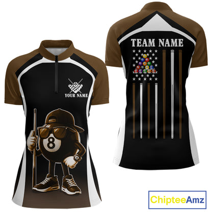 Brown Funny 8 Ball Pool US Flag Billiard Shirt For Women Custom Billiard Team Jersey Polo & 1/4 Zip TDM6366