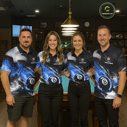 Custom Blue Flaming 8 Ball Pool Billiard Shirt For Women, Billiard Team Jersey Polo & 1/4 Zip TDM6370
