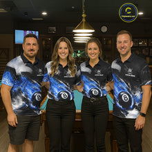 Load image into Gallery viewer, Custom Blue Flaming 8 Ball Pool Billiard Shirt For Men, Billiard Team Jersey Polo &amp; 1/4 Zip TDM6370