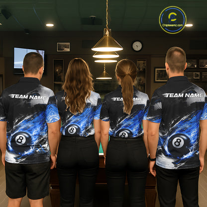 Custom Blue Flaming 8 Ball Pool Billiard Shirt For Women, Billiard Team Jersey Polo & 1/4 Zip TDM6370