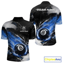 Load image into Gallery viewer, Custom Blue Flaming 8 Ball Pool Billiard Shirt For Men, Billiard Team Jersey Polo &amp; 1/4 Zip TDM6370