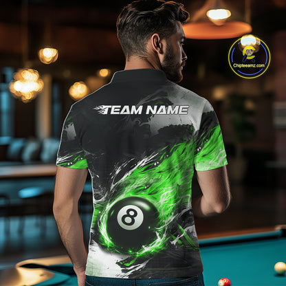 Custom Green Flaming 8 Ball Pool Billiard Shirt For Men, Billiard Team Jersey Polo & 1/4 Zip TDM6371