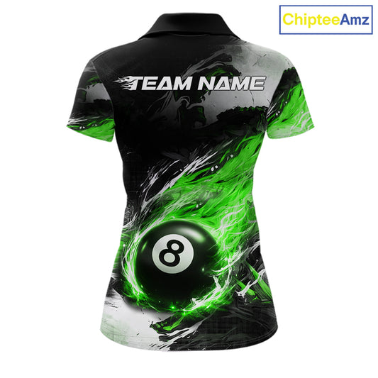 Custom Green Flaming 8 Ball Pool Billiard Shirt For Women, Billiard Team Jersey Polo & 1/4 Zip TDM6371
