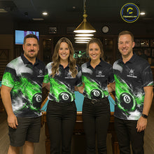 Load image into Gallery viewer, Custom Green Flaming 8 Ball Pool Billiard Shirt For Men, Billiard Team Jersey Polo &amp; 1/4 Zip TDM6371