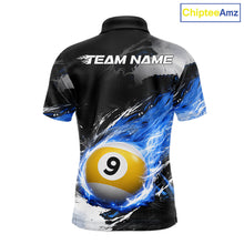 Load image into Gallery viewer, Custom 8 Ball &amp; 9 Ball Pool Blue Flame Billiard Shirt For Men, Billiard Team Jersey Polo &amp; 1/4 Zip TDM6372