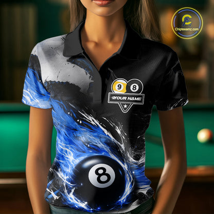 Custom 8 Ball & 9 Ball Pool Blue Flame Billiard Shirt For Women, Billiard Team Jersey Polo & 1/4 Zip TDM6372