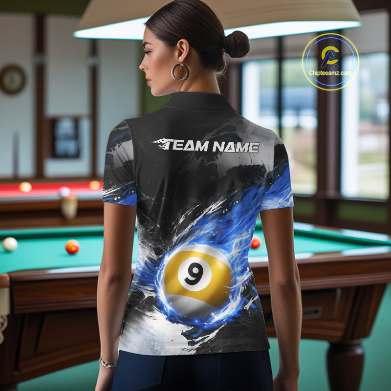 Custom 8 Ball & 9 Ball Pool Blue Flame Billiard Shirt For Women, Billiard Team Jersey Polo & 1/4 Zip TDM6372