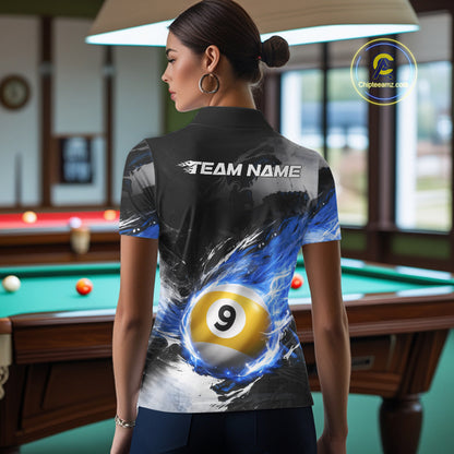 Custom 8 Ball & 9 Ball Pool Blue Flame Billiard Shirt For Women, Billiard Team Jersey Polo & 1/4 Zip TDM6372