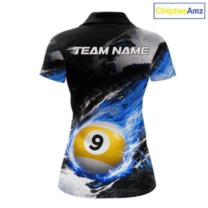 Custom 8 Ball & 9 Ball Pool Blue Flame Billiard Shirt For Women, Billiard Team Jersey Polo & 1/4 Zip TDM6372