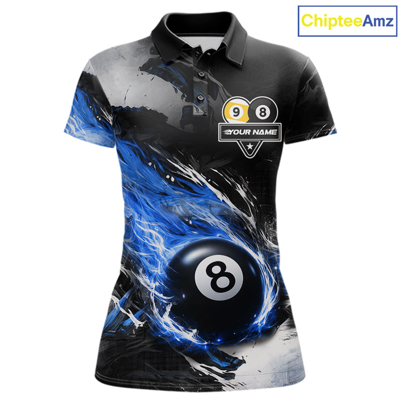 Custom 8 Ball & 9 Ball Pool Blue Flame Billiard Shirt For Women, Billiard Team Jersey Polo & 1/4 Zip TDM6372