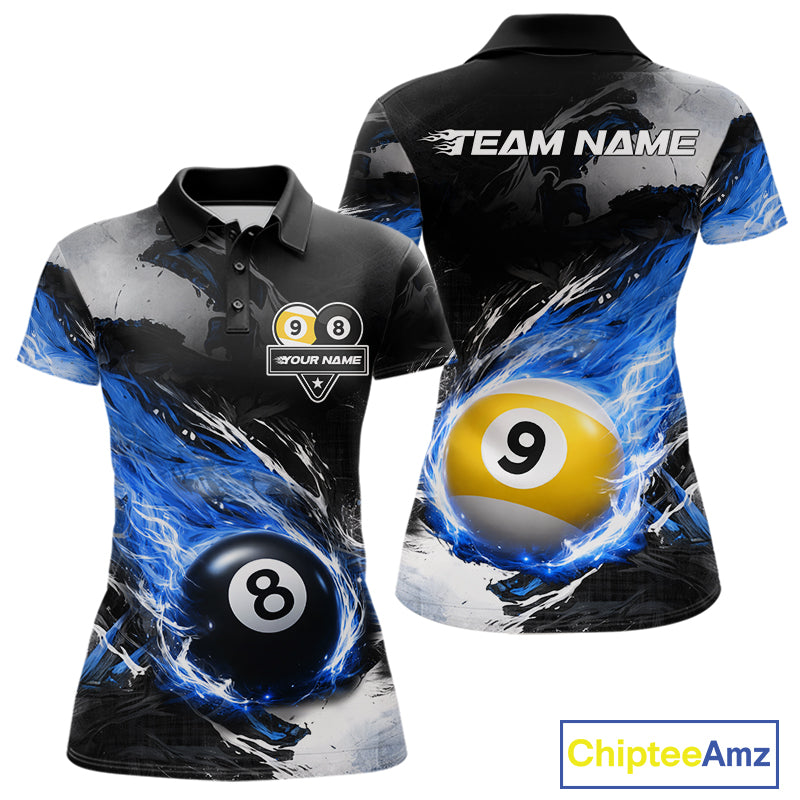 Custom 8 Ball & 9 Ball Pool Blue Flame Billiard Shirt For Women, Billiard Team Jersey Polo & 1/4 Zip TDM6372