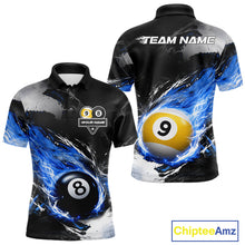 Load image into Gallery viewer, Custom 8 Ball &amp; 9 Ball Pool Blue Flame Billiard Shirt For Men, Billiard Team Jersey Polo &amp; 1/4 Zip TDM6372