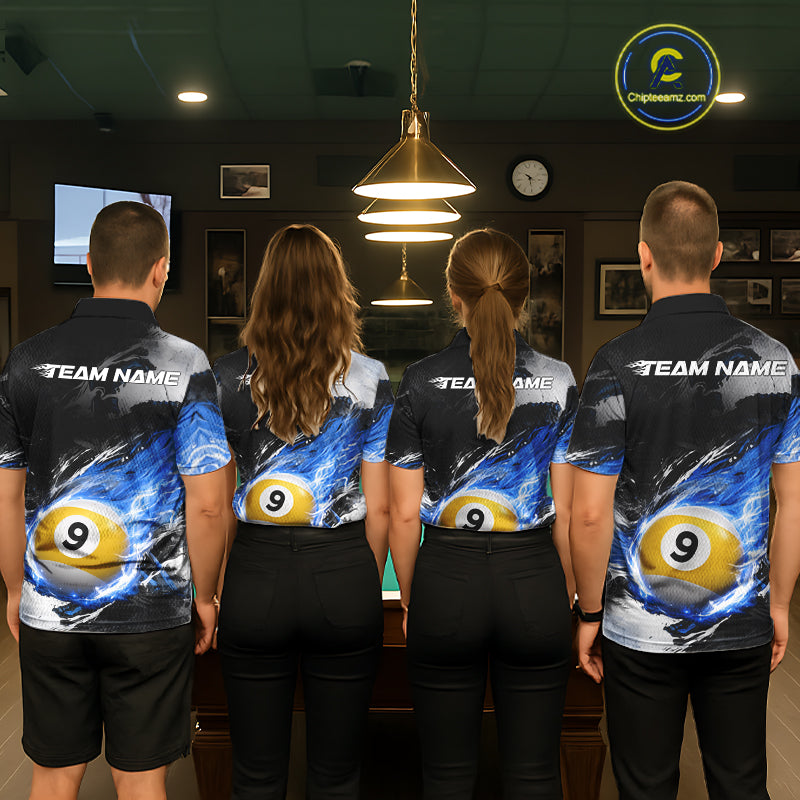 Custom 8 Ball & 9 Ball Pool Blue Flame Billiard Shirt For Men, Billiard Team Jersey Polo & 1/4 Zip TDM6372