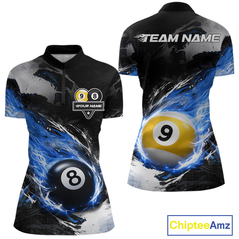 Custom 8 Ball & 9 Ball Pool Blue Flame Billiard Shirt For Women, Billiard Team Jersey Polo & 1/4 Zip TDM6372