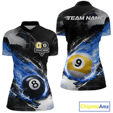 Load image into Gallery viewer, Custom 8 Ball &amp; 9 Ball Pool Blue Flame Billiard Shirt For Women, Billiard Team Jersey Polo &amp; 1/4 Zip TDM6372