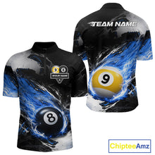 Load image into Gallery viewer, Custom 8 Ball &amp; 9 Ball Pool Blue Flame Billiard Shirt For Men, Billiard Team Jersey Polo &amp; 1/4 Zip TDM6372