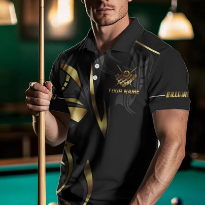 Customized 8 Ball Pool Crown Men Billiard Shirts, Gold And Black Billiard Team Shirt Pool Jerseys TDM3769