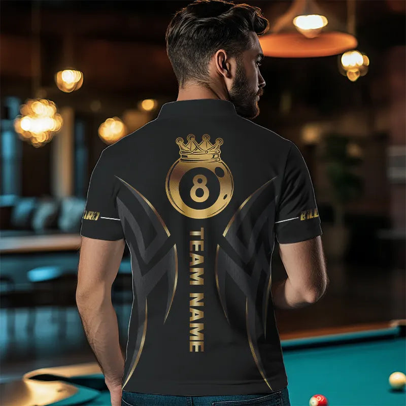 Customized 8 Ball Pool Crown Men Billiard Shirts, Gold And Black Billiard Team Shirt Pool Jerseys TDM3769