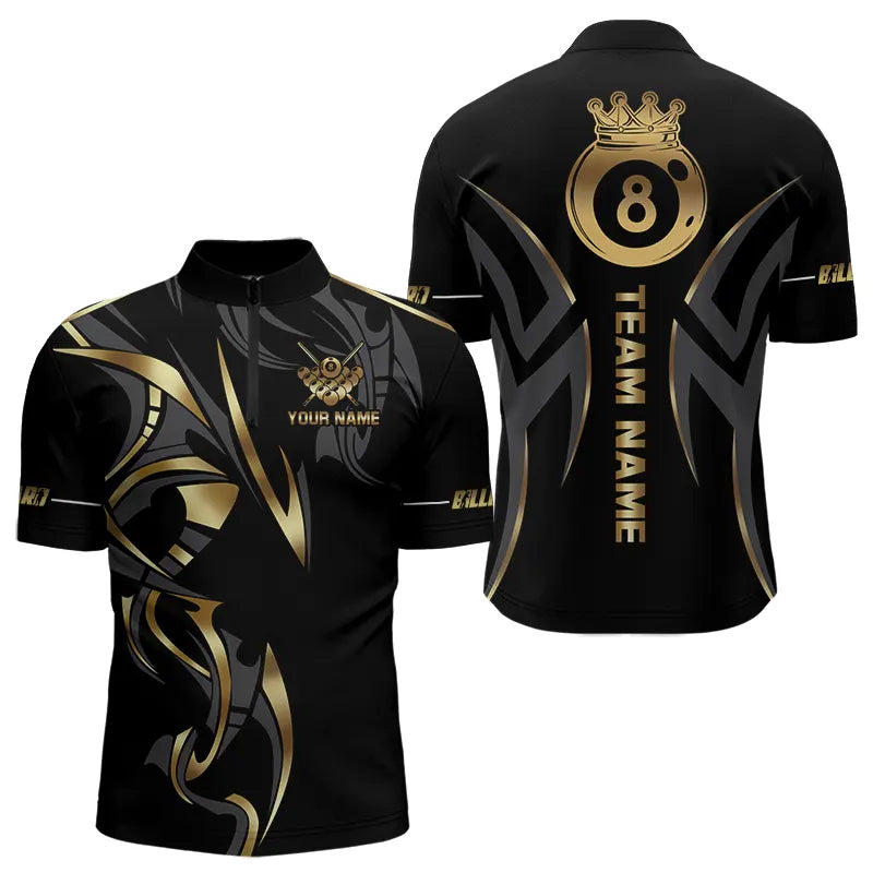 Customized 8 Ball Pool Crown Men Billiard Shirts, Gold And Black Billiard Team Shirt Pool Jerseys TDM3769