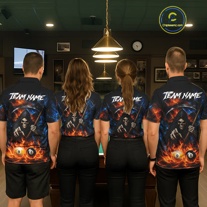 Custom 8 Ball & 9 Ball Fire Grim Reaper Billiard Shirt For Women, Pool Team Jersey Polo & 1/4 Zip TDM6562