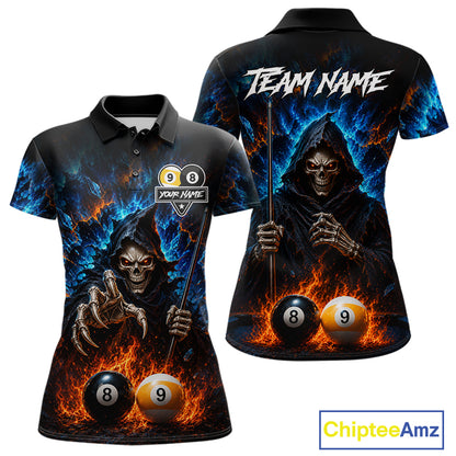 Custom Fire 8 Ball & 9 Ball Grim Reaper Billiard Shirt For Women, Pool Team Jersey Polo & 1/4 Zip TDM6563