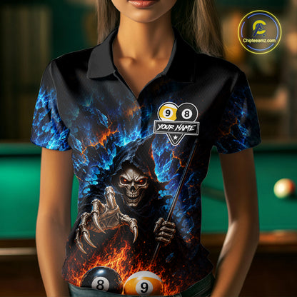 Custom Fire 8 Ball & 9 Ball Grim Reaper Billiard Shirt For Women, Pool Team Jersey Polo & 1/4 Zip TDM6563