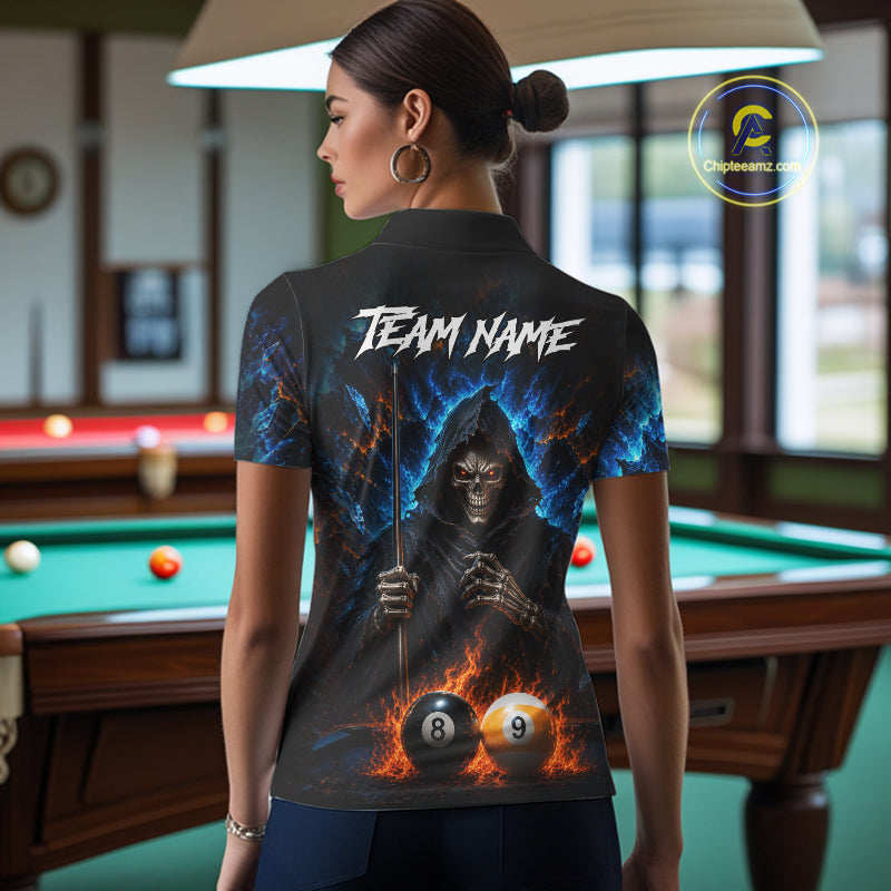Custom Fire 8 Ball & 9 Ball Grim Reaper Billiard Shirt For Women, Pool Team Jersey Polo & 1/4 Zip TDM6563