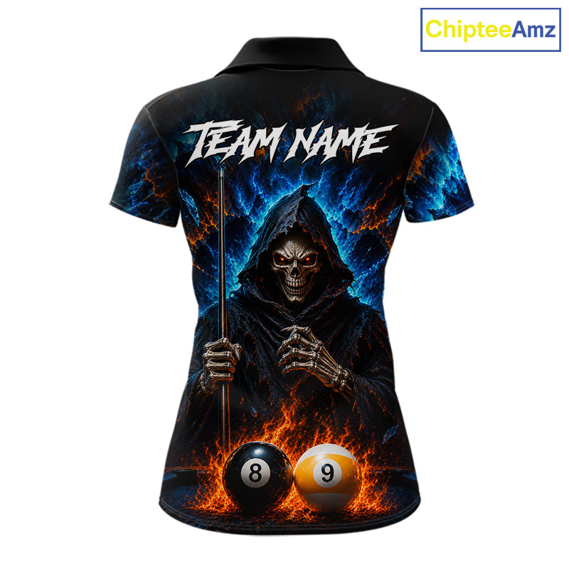 Custom Fire 8 Ball & 9 Ball Grim Reaper Billiard Shirt For Women, Pool Team Jersey Polo & 1/4 Zip TDM6563